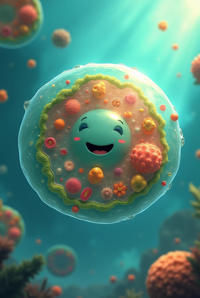 A big, smiling eukaryotic cell, with mitochondria and chloroplasts inside