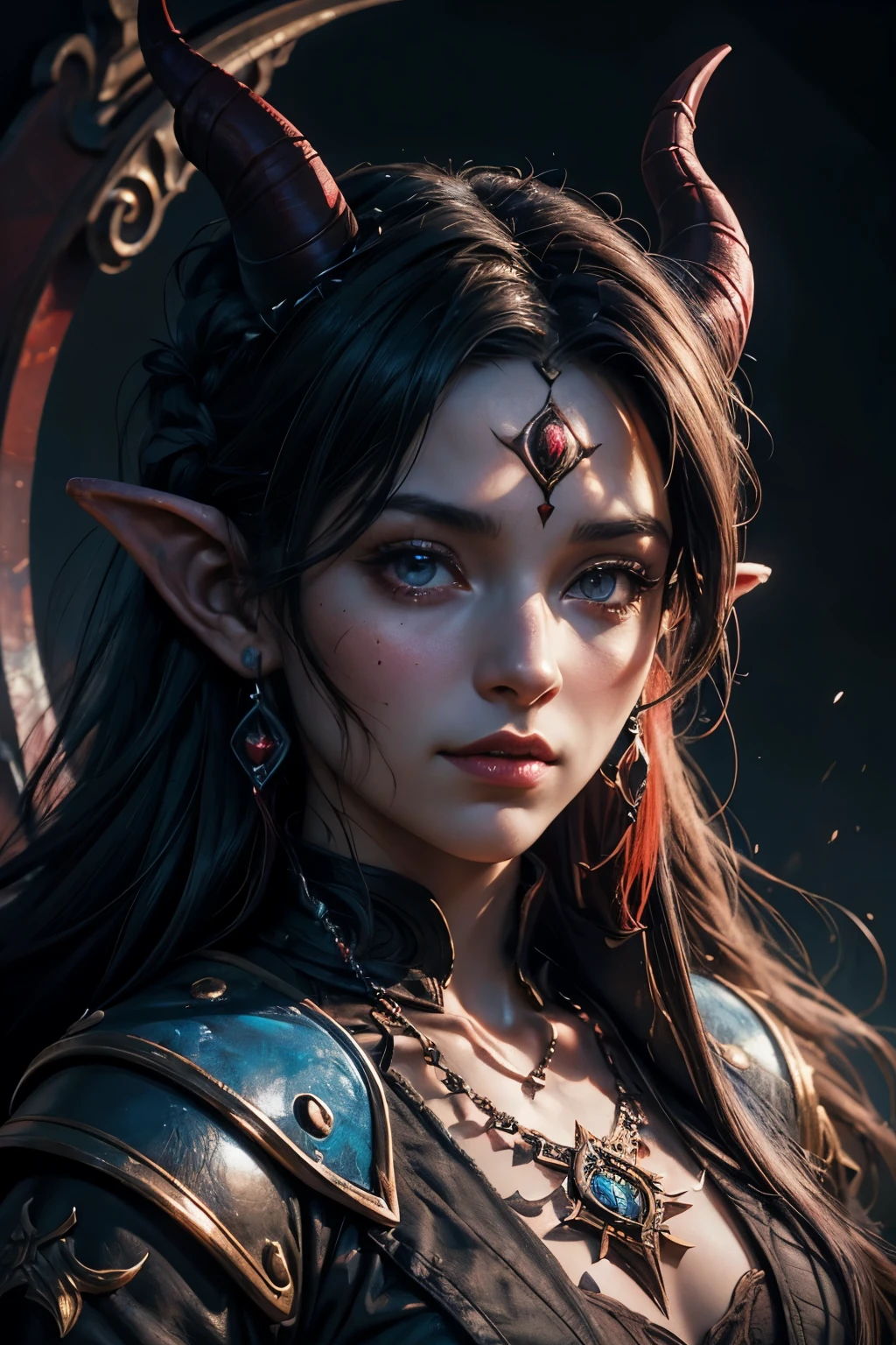 32K Ultra HD, denoising of strength:1.45, Abstraction, Oil, Sketch, (masterpiece:1.3),(Top image quality,top-quality),Detailed details,vvi\(artstyle\), vvi\(face\),vvi\(eyeasterpiece)), ((ultra-detailed)), best shadows, best lighting, best quality, cinematic shot, ((((Karlach)))) a woman tiefling with horns on her head and red skin:1.3, unreal engine character art, (((tiefling))), Devil, portrait of a female druid, attractive tiefling druid, ((baldur's gate character portrait)), elven character with smirk, fantasy character portrait, shapes, lines, abstract vector art, minimal , Cubism, Brush, Palette, Easel, Pigment, Stroke, Composition, Mixed media, Texture, Contrast, Depth, Creativity, Imagination, Ceramic, Cerulean, Vermilion, Impasto, Glaze, Grayscale, Fauvism, Renaissance,, fractal art:1.35, side lighting, sparkle, god rays, ray tracing,