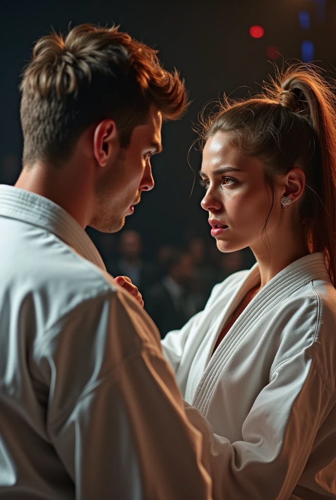 2 sexy fighting in a stage, both wearing karate gi, 4k quality, very detailed, bokeh, great lighting, very sexy, slightly sweating, very serious faces