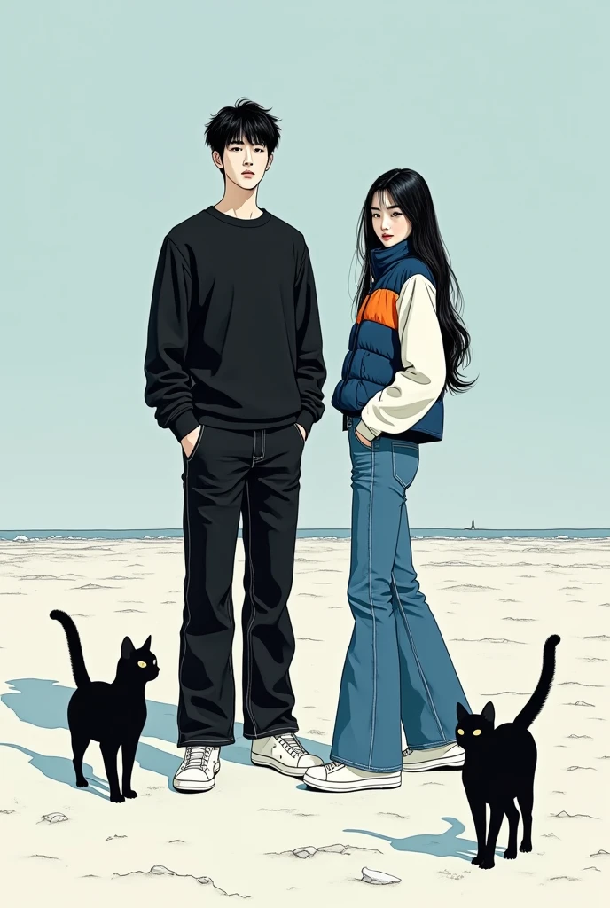  
A grown man, high, with black hair in the style of a kpop idol, korean traits, White skin; dressed in wide black jeans,  a black sweatshirt and white sneakers. Una mujer adulta con korean traits, with long black hair in the style of a kpop idol, skin very white, dressed in blue flere-type jeans, a blue and orange striped vest and white sneakers. Both standing next to each other but separated without touching each other and looking at the beach in winter, next to two black cats. In manwha style
