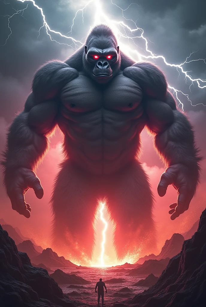 Gorilla with very strong arms and white eyes and a red glow all over his body and in the sky with an electrical storm and a very bright lightning bolt and the open earth fighting with a giant with one eye and long hair