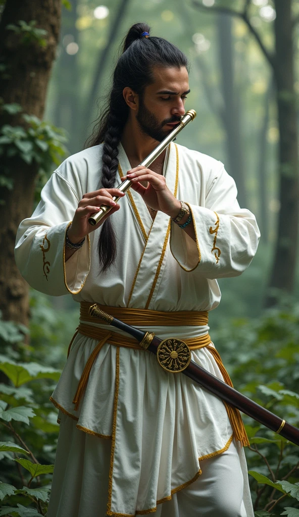 1 male, of Mexican heritage, (Viking braid hairstyle:1.2), (playing the flute:1.3), (a golden sword attached to his belt:1.2), (dressed in white ninja attire with gold trim:1.2), backdrop of a lush forest