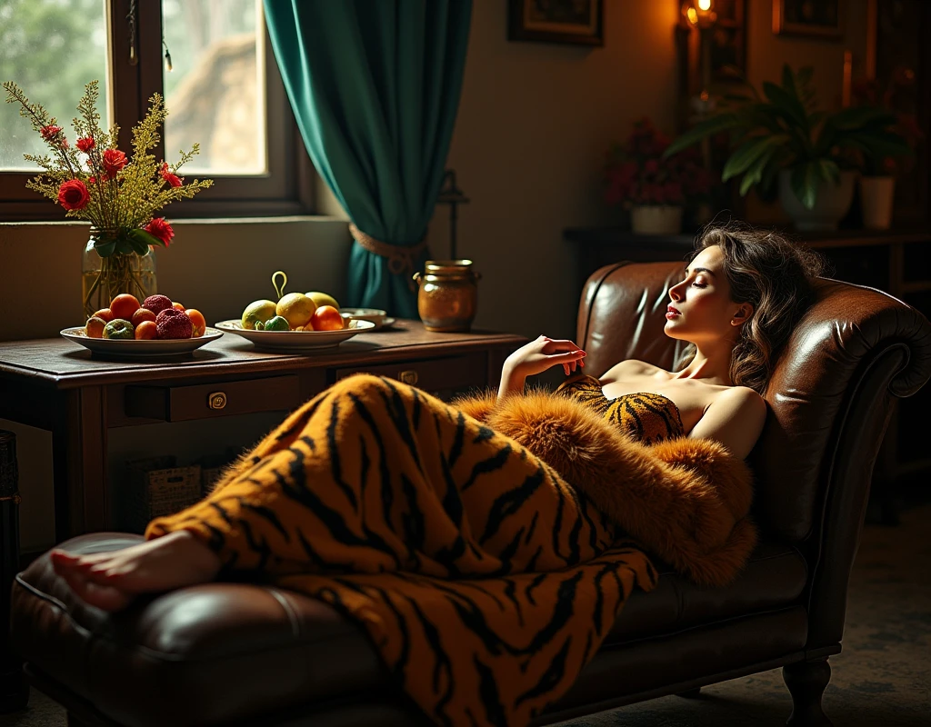 A Moorish woman sleeping on a wooden sofa, her feet almost bare, a tiger fur covering her, on the table there is a plate of delicious fruits, and various flowers, dramatic lighting, wonderful color tones, moody, cinematic, (Best quality, very detailed work, (realistic, photorealistic, realistic: 1.37)dramatic lighting, cinematic composition, dramatic color palette, scale.