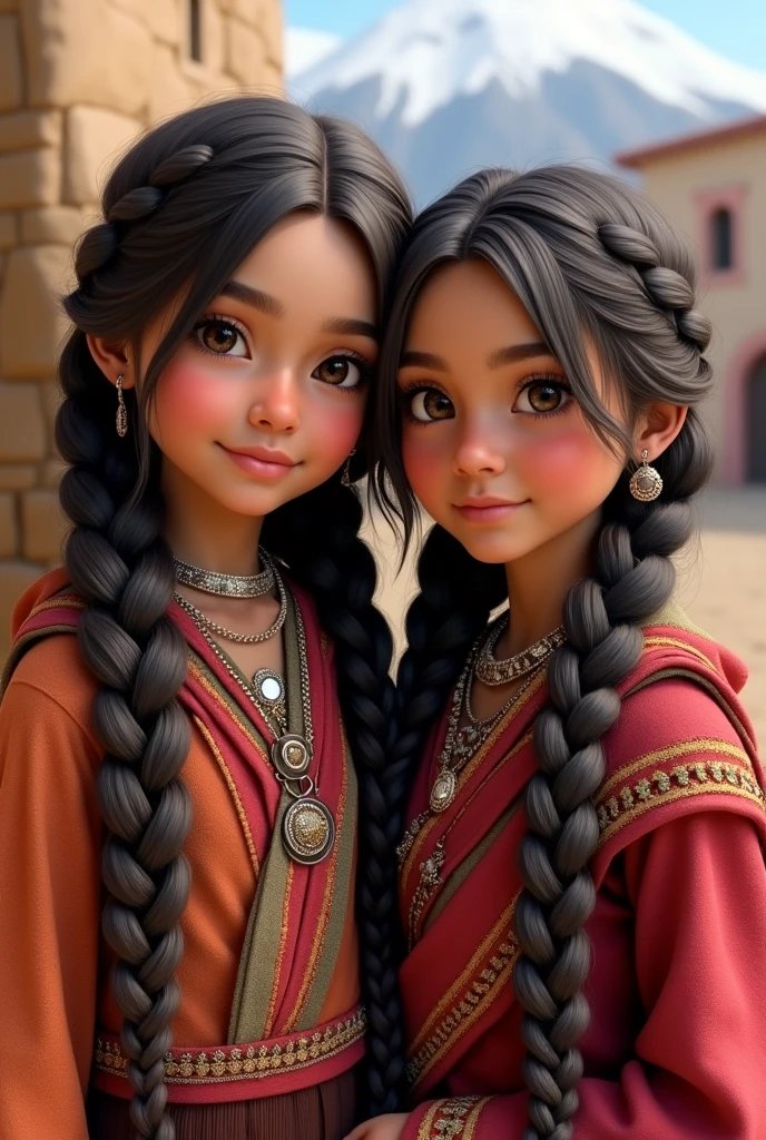 pair of Andean GIRL sisters from Peru, one and with white skin and brown hair with braids and the other with black hair with braids and light brown skin