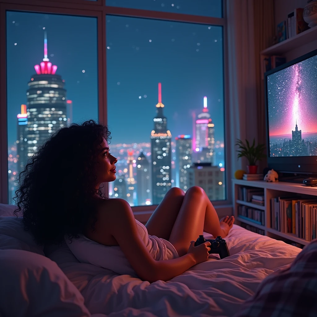 realistic photo of a (pretty girl, 20 years old, brunette, black eyes) at her room viewing TV in a flat wide screen into a cozy apartament into a glass building , (full lips) , ((perfect face)), [[mild smile]], proportionate body,mixed white-latina herritage, beautyfull, beautyfull face, [nubyan nose], [tanned skin], two arms, two legs, five fingers by hand, full body, (softly curly black long hair), girl in confortable sleepewar looking a wide flat screen from her bed, flat screen over glass panels, flat screen holding over glss panels, bookshelves with books and collectibles, joystick at hand playing videogames, starred sky behind pothole at ceiling, confortably lying with feet over bed, photo taken from the back to feet, confortable appartament into glass building, night neon cyberpunk city behind huge glass panels
