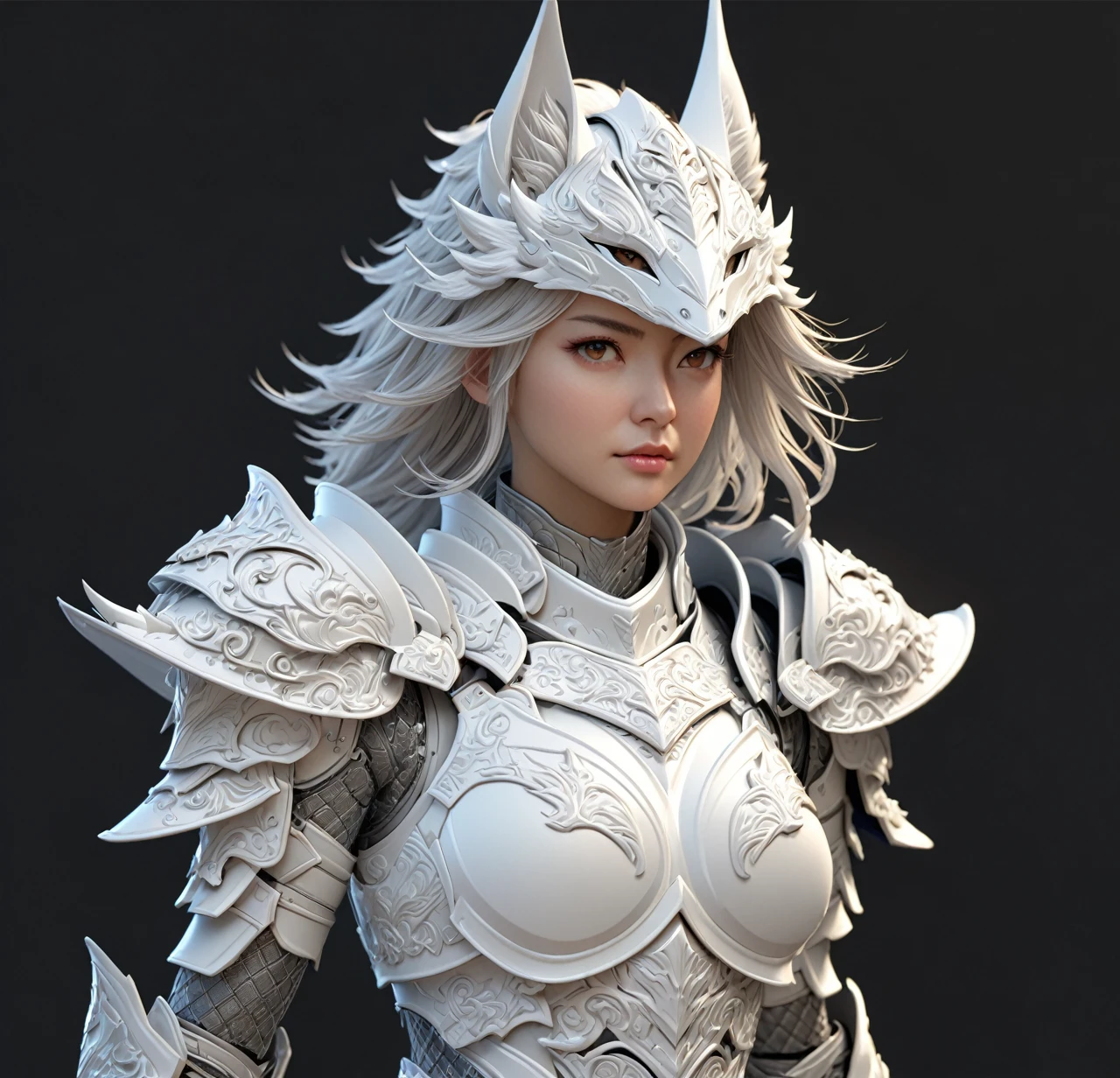 a close up of a model of a female character with a helmet, high detail and very sharp, strong ambient occlusion, detailed armor, detailed fantasy armor, high poly, highly detailed armor, kitsune inspired armor, hyperdetailed fantasy character, detailed white armor, armour merging with body, render of heavy fantasy armor, intricate armor details