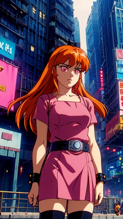 (s:1girl: blossom), (extremely detailed CG unit 8k wallpaper),(master part), (best quality), (ultra detail), (best illustration),(city-scene-aso), cowboy shot, (Sharp eyeliner, ombre, detailed eyes:1), cyberpunk city, outdoor, ,break , (Ghost In The Shell 1995), upper body, orange hair, long hair, blunt bangs, pink eyes)
(bow, dress, belt, thighhighs)