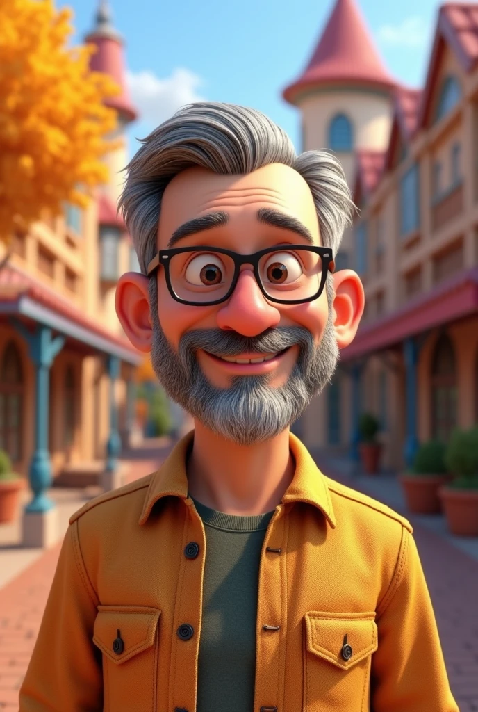 50 year old man, hair grey, short on the side, no beard and moustache, with glasses a little fat, in the style of Disney Pixar animation