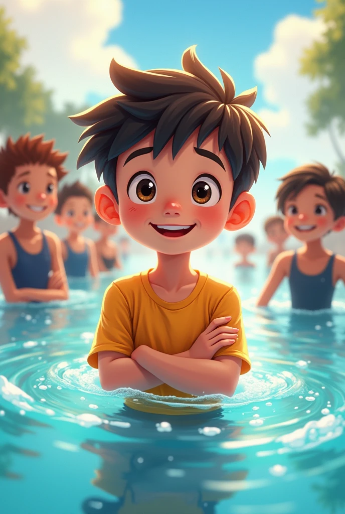 Boy looking embarrassed in the pool、Boy is trying to kiss his friend in a swimsuit
