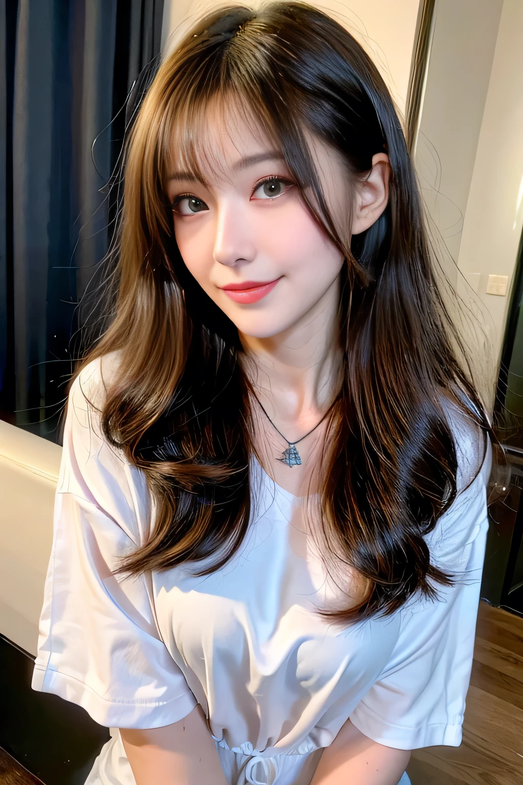 ((close-up:1.2))((Full Body Angle))、seed:2408754176((Highest quality, 8k, masterpiece: 1.3)), concentrated: 1.2, Cute 1, 、 Perfect beauty: 1.4,T letter print short sleeve shirt.Randall Color、comics＆Text Graphics、Black ruffle-trimmed drawstring zip blouse,1.1, Highly detailed face and skin textures, Fine grain, double eyelid, whitening skin, ,Highest quality,Ultra-high resolution,you,1 person,alone,_Shiny_skin,Iris,necklace,((brown_length_Wavy_hair)),(lips)),eyelash,Front hair,deal with,compensate,Shiny,pore,skin texture,Large Breasts、smiling face、((Front hair:1.1))、stroll、