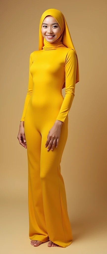 The most beautiful,thin,most pretty and clever Malaysian muslimah adult girl wears yellow and gold lycra turtleneck unitard catsuit.She always wear yellow and gold lycra dancewear stretchy square hijab.