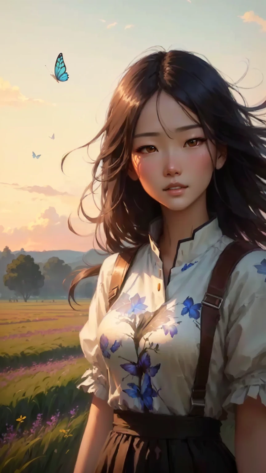 a close-up of a person standing in a field with a butterfly flying overhead, realistic painting of beautiful girl, beautiful character painting, non-style artwork by guweiz, por Li Song, Direction: Chen Lin, great digital art with details, adorable digital painting, realistic painting styl, beautiful digital illustration, beautiful digital art, cute digital painting, por Zeng Jing