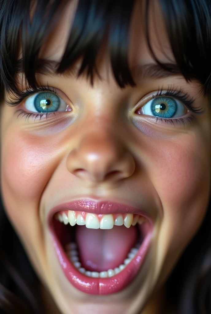 Extreme closeup of female prepubescent face, black hair, blue eyes, glittery lipgloss, mouth very wide open and happy 
