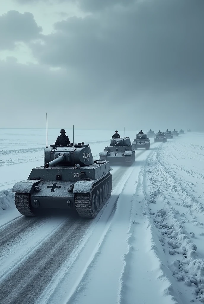 German troops advancing across vast Russian plains under a gloomy sky. A column of tanks facing the winter snow.