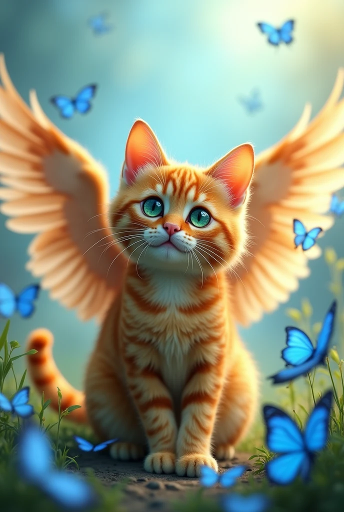 Generate image of an orange cat with wings looking at blue butterflies