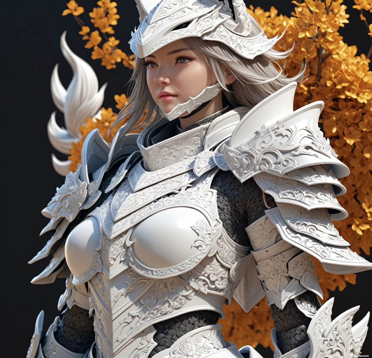 a close up of a model of a female character with a helmet, high detail and very sharp, strong ambient occlusion, detailed armor, detailed fantasy armor, high poly, highly detailed armor, kitsune inspired armor, hyperdetailed fantasy character, detailed white armor, armour merging with body, render of heavy fantasy armor, intricate armor details