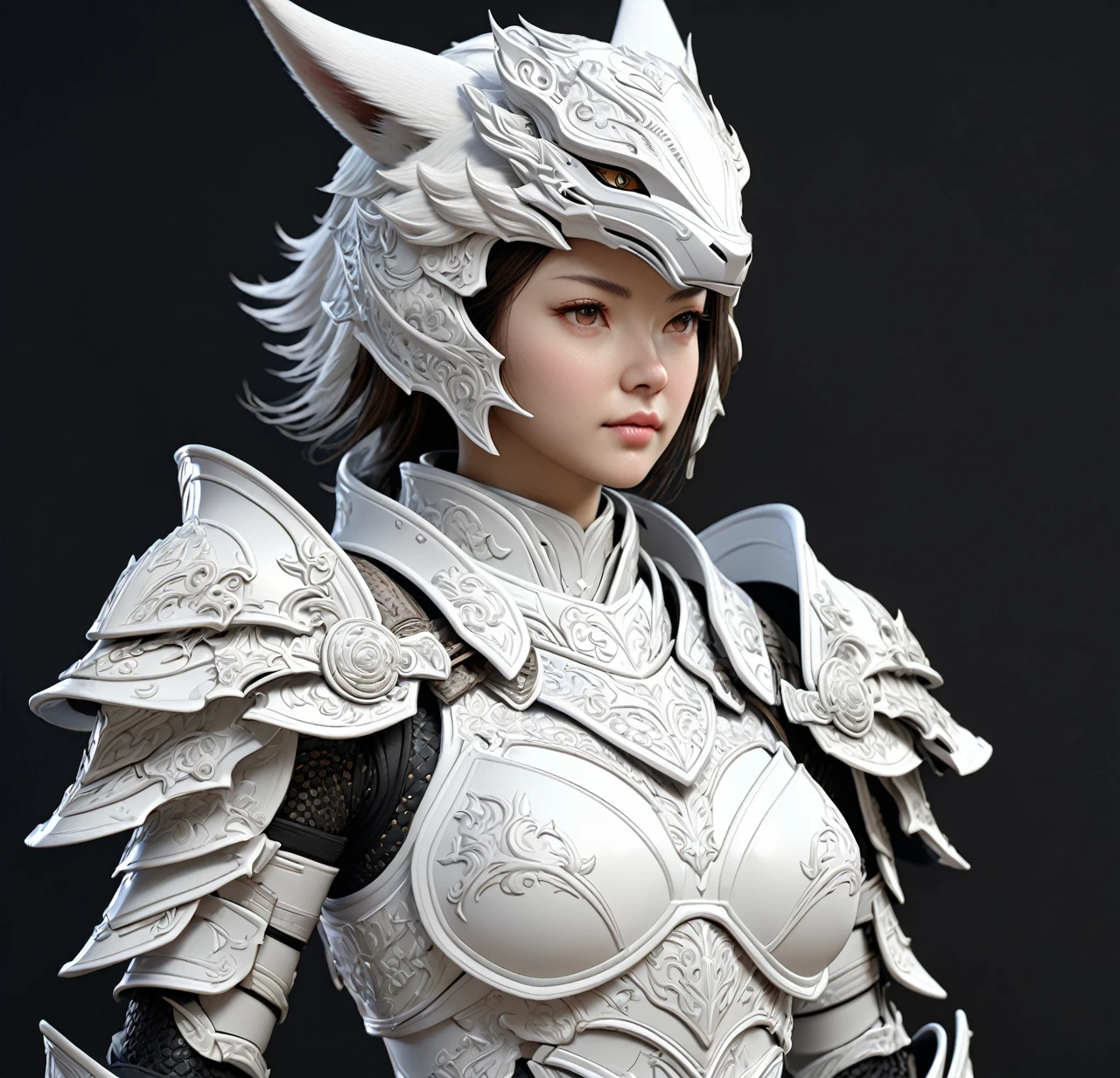 a close up of a model of a female character with a helmet, high detail and very sharp, strong ambient occlusion, detailed armor, detailed fantasy armor, high poly, highly detailed armor, kitsune inspired armor, hyperdetailed fantasy character, detailed white armor, armour merging with body, render of heavy fantasy armor, intricate armor details