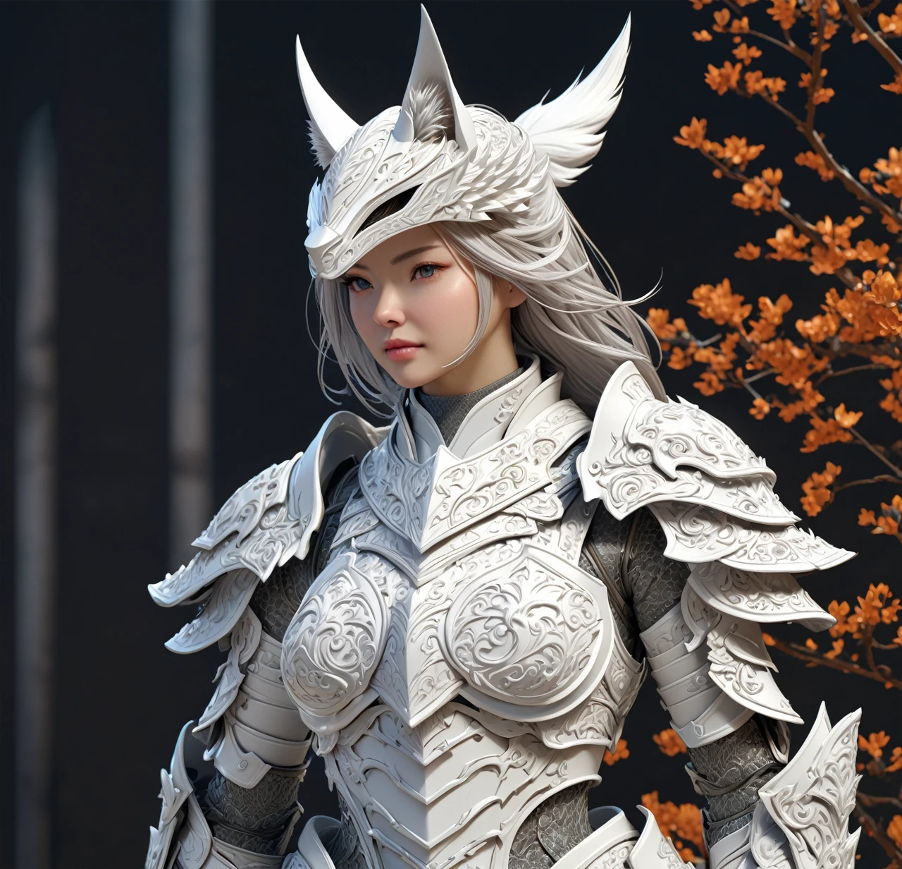 a close up of a model of a female character with a helmet, high detail and very sharp, strong ambient occlusion, detailed armor, detailed fantasy armor, high poly, highly detailed armor, kitsune inspired armor, hyperdetailed fantasy character, detailed white armor, armour merging with body, render of heavy fantasy armor, intricate armor details