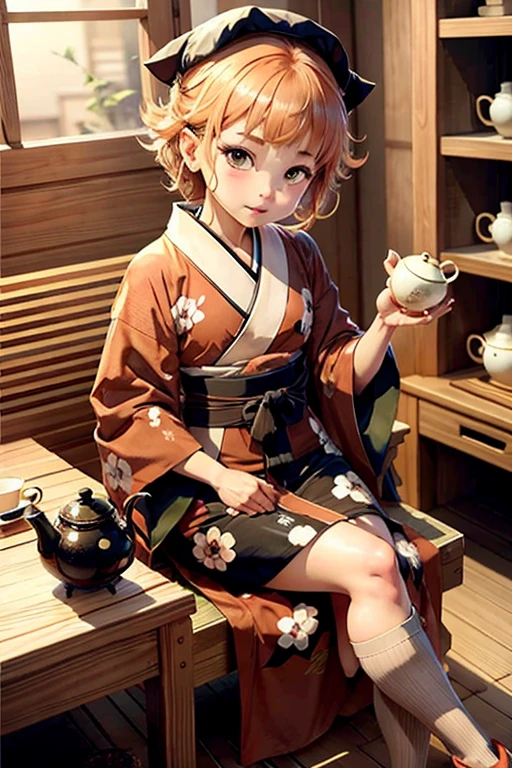 Cute chibi anime sitting in a teapot, Wear a brown kimono, drink tea, logo