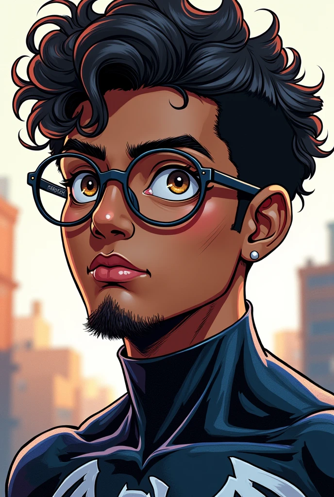 make a profile picture with marvel drawing style, with a brown-skinned character, Black curly hair, eyes browns, round glasses, sem beard, ager dressed in venom costume