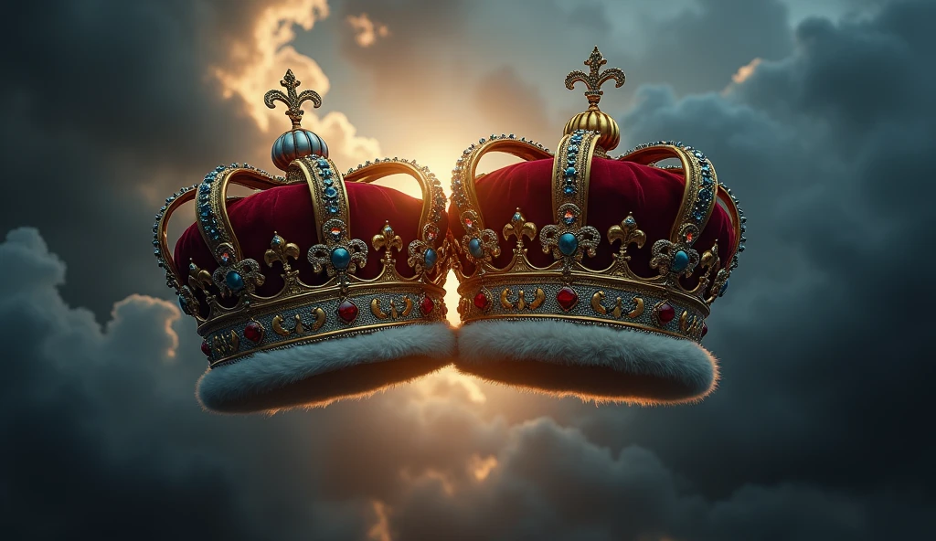 A dramatic and symbolic image depicting the crowns of England and France in a tense, confrontational arrangement. The English crown, adorned with intricate, aged jewels, is set against a backdrop of shadowy, tempestuous clouds, while the French crown, elegantly ornate with fleur-de-lis and rich gold, hovers ominously in the foreground. The two crowns are either clashing at the edges or overlapping slightly, symbolizing the intense dynastic dispute. Dark, brooding tones pervade the scene, with streaks of twilight and mist enhancing the atmosphere. The light from a hidden source casts a stark, almost supernatural glow on the crowns, accentuating their regal details and highlighting the imminent conflict. This evocative composition, with its rich detail and dark ambiance, captures the style of Edmund Blair Leighton, underscoring the gravity and grandeur of the looming struggle., Surrealism, Hyperrealism, UHD, retina, masterpiece, accurate, anatomically correct, textured skin, super detail, 16k