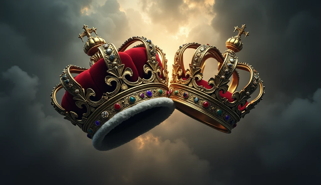 A dramatic and symbolic image depicting the crowns of England and France in a tense, confrontational arrangement. The English crown, adorned with intricate, aged jewels, is set against a backdrop of shadowy, tempestuous clouds, while the French crown, elegantly ornate with fleur-de-lis and rich gold, hovers ominously in the foreground. The two crowns are either clashing at the edges or overlapping slightly, symbolizing the intense dynastic dispute. Dark, brooding tones pervade the scene, with streaks of twilight and mist enhancing the atmosphere. The light from a hidden source casts a stark, almost supernatural glow on the crowns, accentuating their regal details and highlighting the imminent conflict. This evocative composition, with its rich detail and dark ambiance, captures the style of Edmund Blair Leighton, underscoring the gravity and grandeur of the looming struggle., Surrealism, Hyperrealism, UHD, retina, masterpiece, accurate, anatomically correct, textured skin, super detail, 16k