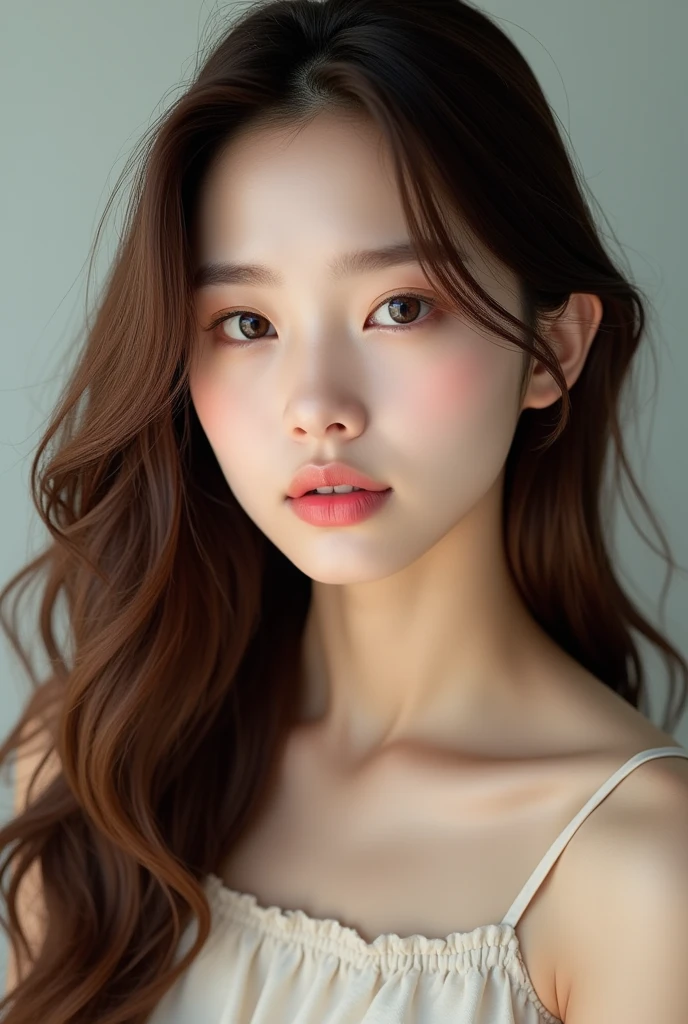 Brown center part、Long Hair、Fair skin、korean natural makeup、TWICE Sana、Big lips、pink
