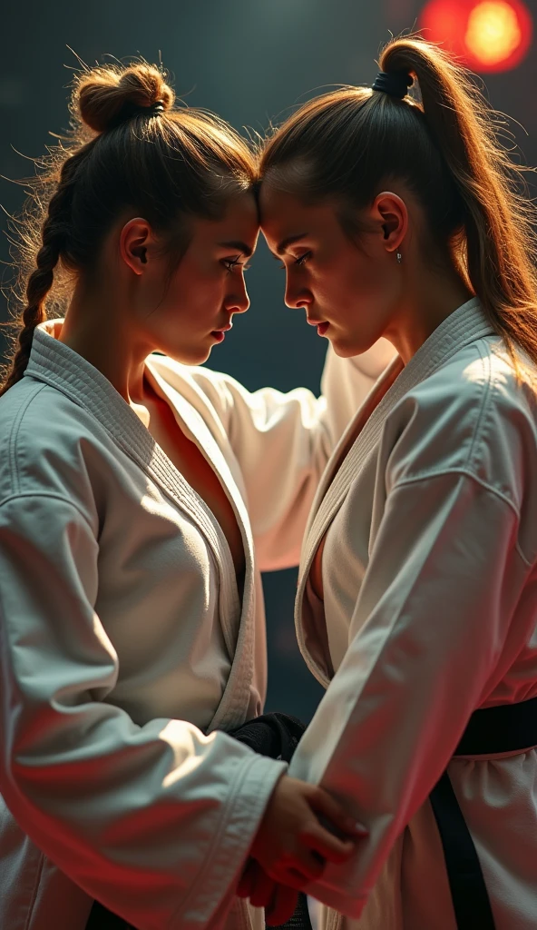 Blonde girl with perfect face and disheveled hair dressed in white judo kimono kisses her African American rival in judo competition