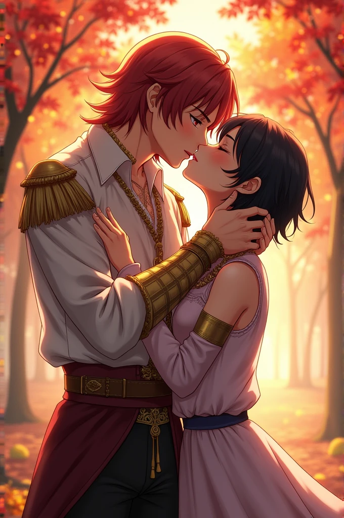 Two anime characters kissing. Eu quero que o fundo seja repleto por autumn trees. Alaric (The asset) have medium length red hair. He is tall, offwhite,  wears a fancy, medieval white shirt with detachable sleeves.
He&#39;s also very chic, but very friendly and charismatic. The other one, the passive, It&#39;s Cale. He is shorter than Alaric, have short black hair, he&#39;s a little dark and shy. He&#39;s also a bit of a tsundere, and gets embarrassed easily, Although, if they try to mess with his love, o Alaric, he reveals his true anger. The image will be the two of them kissing, Alaric wraps both his hands around Cale&#39;s face as he kisses the younger man passionately.. Cale will already be on tiptoe, flushed, but returning the kiss. Ao fundo, autumn trees.