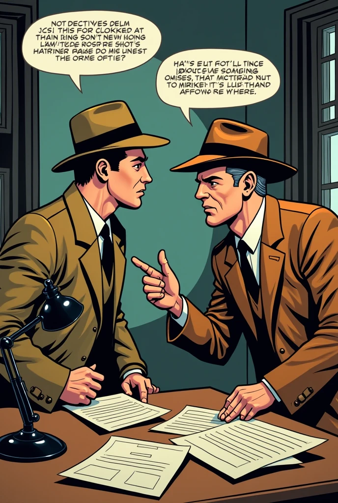 Generate a comic-style image showing two detectives in an intriguing conversation. Detectives must have a classic style, with suits and hats from the golden age of crime (like the 1940s). One of the detectives should be younger and more energetic, while the other is more experienced and serious. The scene should be set in a detective office with retro furniture, a table with papers and a desk lamp. Dialogues should be in comic bubbles, showing an intense conversation or an important clue. The atmosphere should be one of mystery and suspense., with a touch of humor and vintage style,sin dialogues