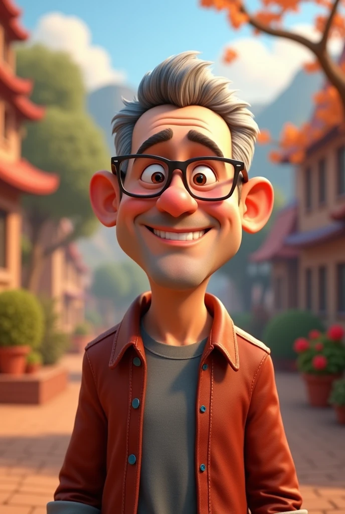50 year old man, hair grey, short on the side, no beard and moustache, with glasses a little fat, in the style of Disney Pixar animation