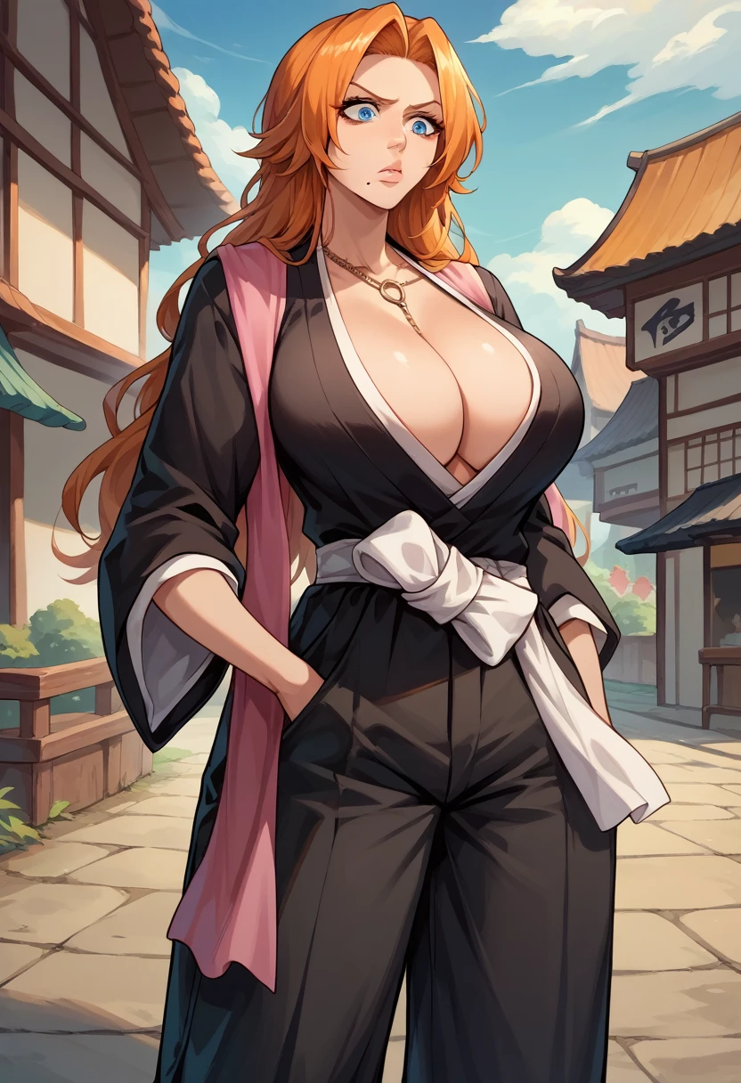 score_9, score_8_up, score_7_up, 1girl, solo, defran, long hair, orange hair, blue eyes, mole under mouth, necklace, black robes, cleavage, pink scarf, white sash, black hakama pants, large breasts, confused, standing, cowboy shot, looking down, tradicional japanese village