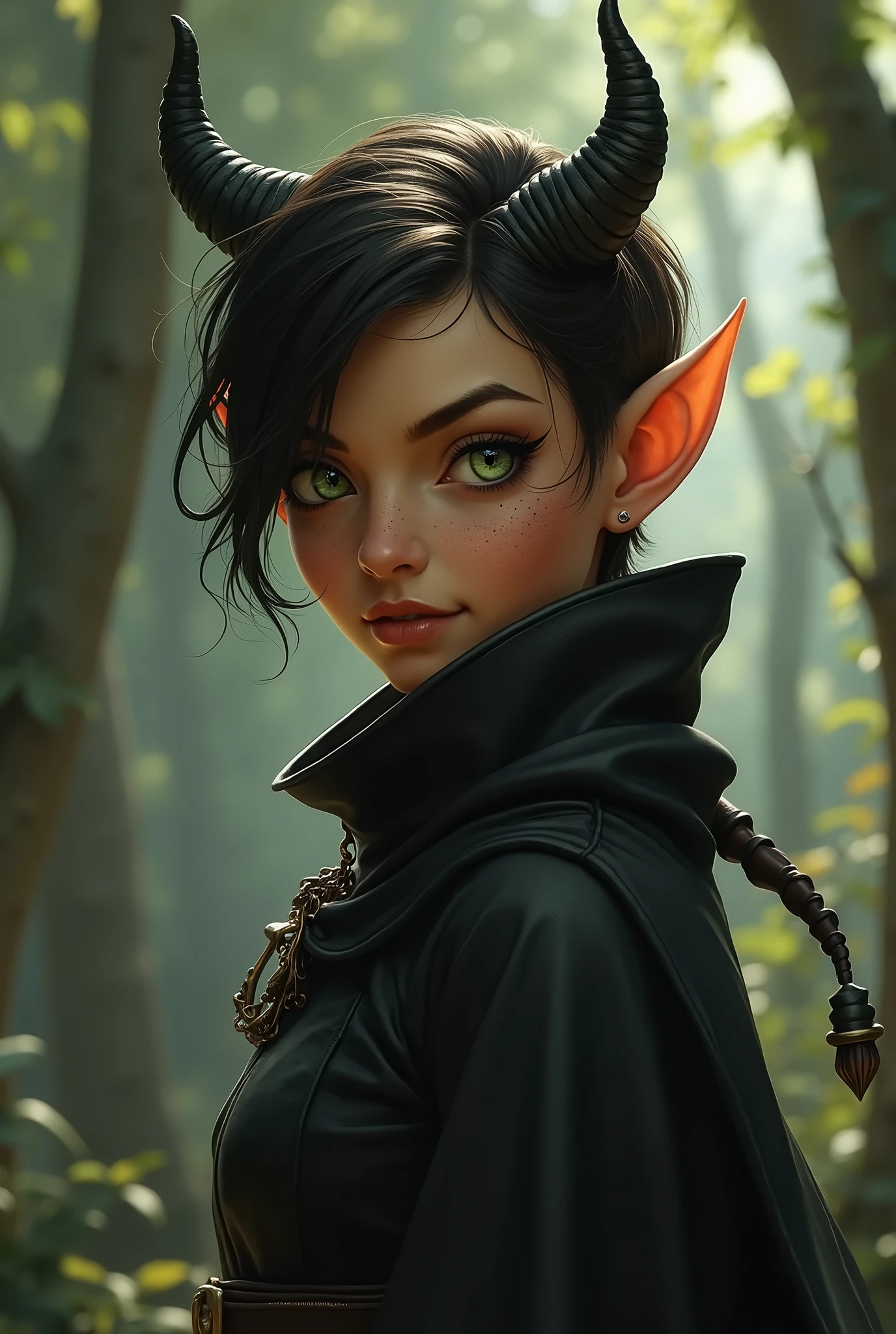 a female tan-skinned tiefling rogue, with a warm, shimmering tone that seems to capture the light subtly, accentuating his striking features. His eyes are a piercing green, with vertical pupils like those of a reptile, shining with cunning and a touch of mystery. When she smiles, what is rare, small fangs stand out, suggesting both charm and danger. your hair is short, smooth ass, cut shorter on the sides and a dark brown shade, almost black, that contrasts beautifully with your skin. Its horns are thin and elegant, bending back slightly, with a smooth texture and a subtle shine, almost as if they were carved from the finest ivory. The face is angular and graceful, with high cheekbones and a well-defined jawline. Her arched eyebrows give her a naturally intriguing expression., as if he were always about to discover or hide something. Small scars, almost imperceptible, mark her face She wears light, fitted clothes, made of black and flexible leather, designed for maximum mobility and silence. A dark cloak, almost indistinguishable in the shadows, wraps around your shoulders, your hands, thin and agile, are almost always covered by dark gloves that hide their sharp claws. no belt, carries a collection of well-balanced daggers and thieves' tools, including hooks, master keys and poison vials. A discreet belt pouch keeps your valuables and secrets safe. a long, slender tail
