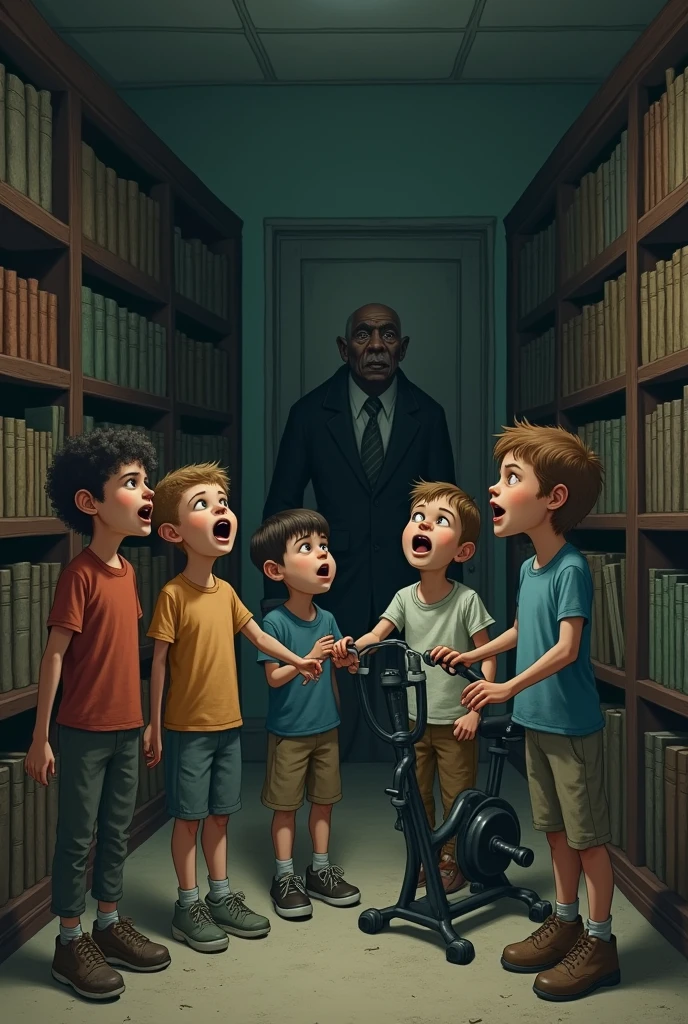 5  in a dusty room, with the windows closed and low lighting and with several shelves of old books. The children are standing singing happy songs, one of them pedals an old exercise bike. Enquanto isso, an old black man, scary looking, with a pipe, observes hidden in silence behind one of the shelves