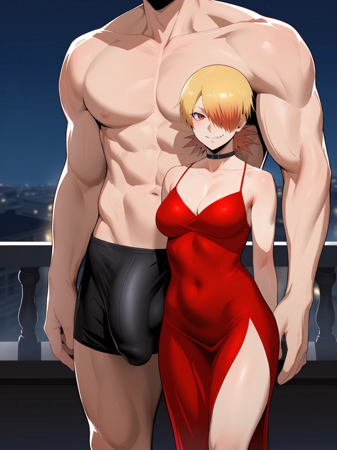 score_9, score_8_up, source_anime, standing, hellsing, seras, blonde hair, nude, indoors, night, night sky, nighttime, vampire, smirk, fangs, ikuchan, balcony, town background, nude male, huge penis, huge testicles, muscular male, medium breasts, boyfriend, couple, looking at viewer, faceless male, light skinned male, cuckold pov, ntr, netorare, standing side by side, standing, cuckolding, cuck, 1girl, 1boy, smug, humiliation, ((faceless male)), ((size difference)), tall male, ((worship)), licking abs, ((light skinned male))), gown, dress, bulge, navel, short dress, red dress, furry, tiger, anthro on human, tiger girl, chubby, bbw, male head out of frame, ((size difference)), , ((large male)), black haired male, solo focus, choker, solo focus , maledom, giant penis, gigantic penis, hair over one eye, multicolored hair, ginger bangs