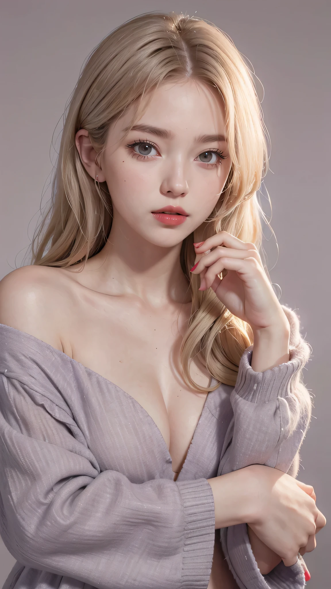 Girl wearing, luxury lavender coat, shoulder length hair, wavy hair, glowing skin, star in eye, red lips, grey background, cute poses , upper body, light blonde hair.