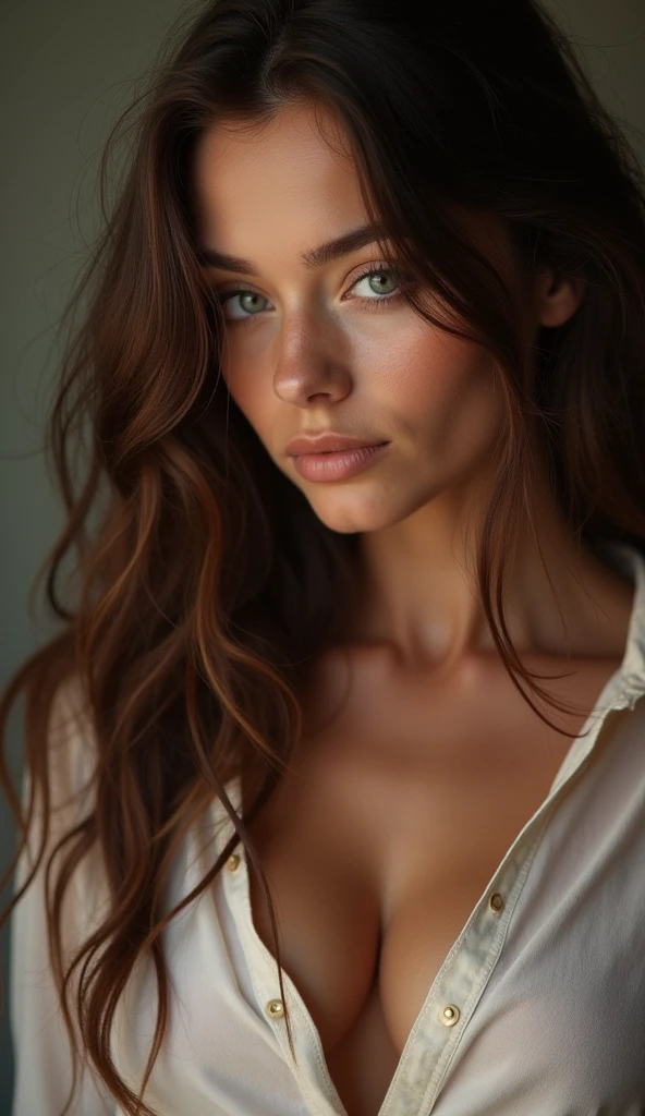 jolie fille cheveux long brun léchant ses doigts dans une tenu décontracté