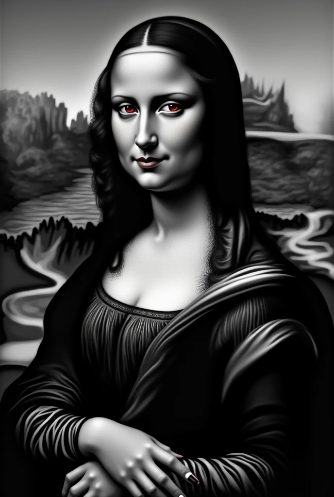 monalisa holding a cigarette in her right hand, black and white, black hair, red eyes, light smile, Conceptual art, Social realism, Minimalism, Romanticism, Gothic art, Realism, Contemporary art, accurate, high details, highres, anatomically correct
