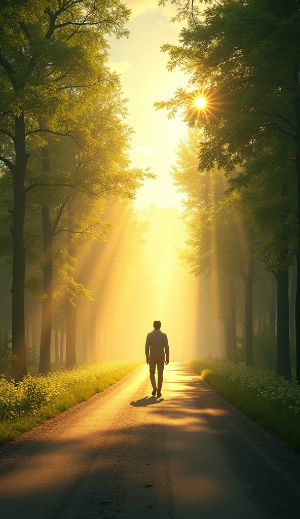 Ultrarealistic 8k Image, Path of Light and Hope: "A long road that stretches to the horizon, surrounded by tall, green trees, with rays of golden light piercing through the leaves and illuminating the way. A person walks alone along the road, with an upright and confident posture, symbolizing resilience and focus on the future. The sky is clear with soft shades of blue and white."