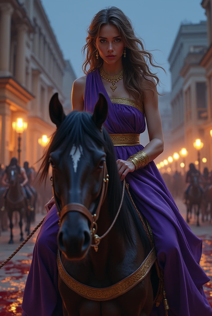 lilith with big and curious eyes, light brown hair and purple Greek toga with golden belt and bracelets riding a horse covered in blood at night in the city-state of Athens during ancient Greece