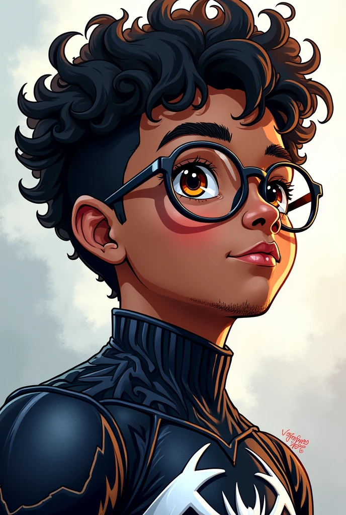 make a profile picture with marvel drawing style, with a brown-skinned character, Black curly hair, eyes browns, round glasses, sem beard, ager dressed in venom costume