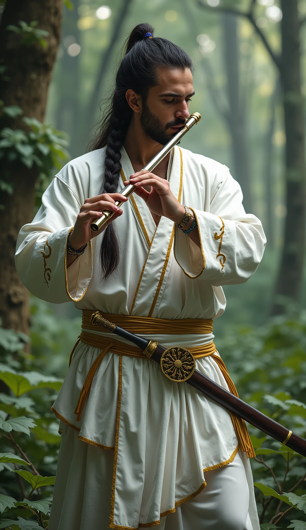 1 male, of Mexican heritage, (Viking braid hairstyle:1.2), (playing the flute:1.3), (a golden sword attached to his belt:1.2), (dressed in white ninja attire with gold trim:1.2), backdrop of a lush forest