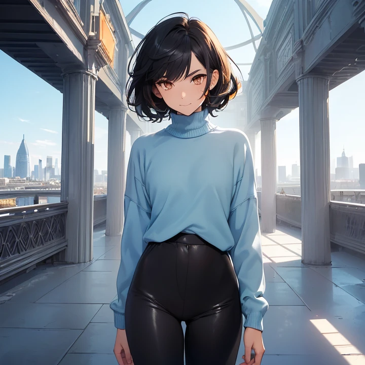 Masterpiece, High Resolution, HD, High Quality, UHD, Super Detailed, Best Quality, High Details, Fantasy, grimdark, alone solo character, no deformities.
{{(1character: a 2 boy:(white skin, black hair, short emo hair, orange eyes, closed mouth gentle smile, tall complexion, slender complexion, rounded nose, big eyebrows, delicated features),(light-blue sweater, bluevsleeves, black pants),(cheerful demeanor, looking at viewer),(very modern city, blue day sky, bright twin golden suns in the sky, fantasy modern london city)))}}