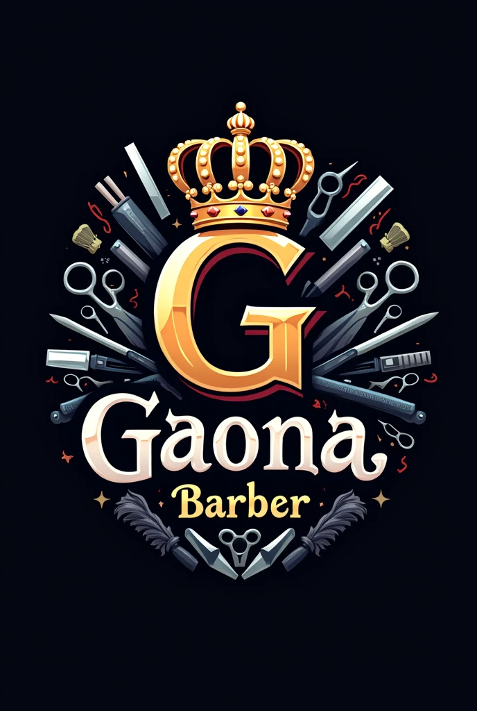 I need a logo with the capital letter G and the phrase Gaona Barber, In the capital G there must be a crown and in the background barber accessories such as scissors, razor, among others in 4k 3d in black tones with the golden crown, the same but that says Gaona barber, now bigger in 4k 3d With the G more prominent now with the colors black, gray, blue and red 
