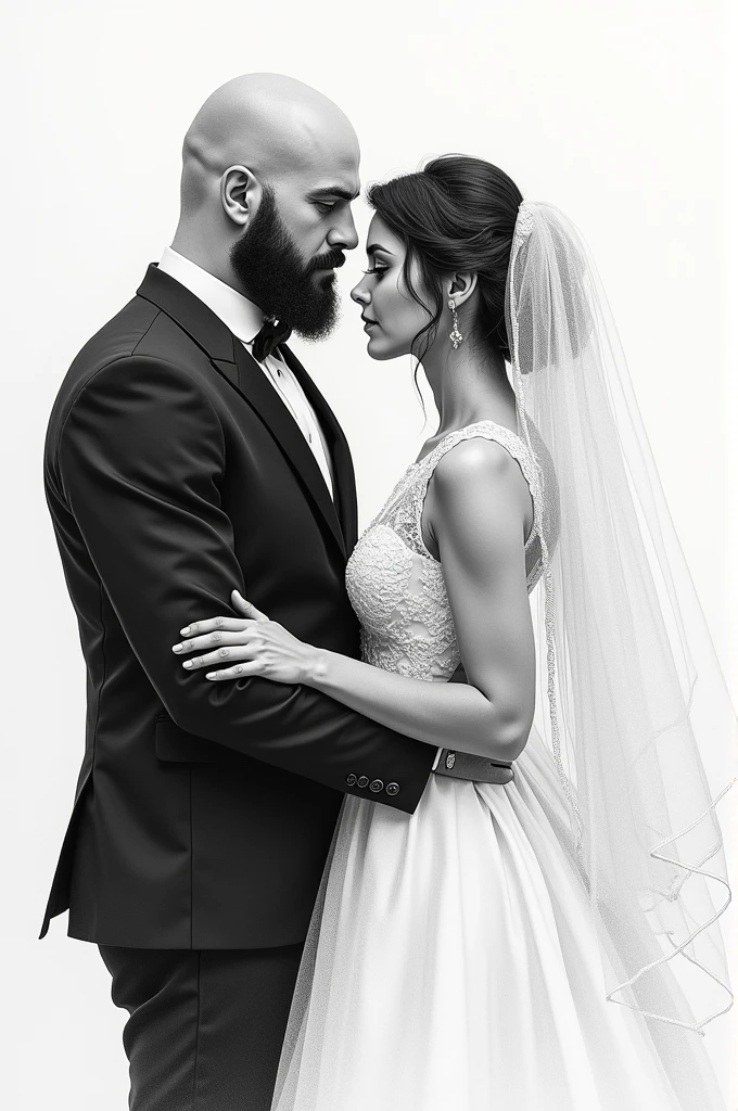 A black and white drawing of a bald, bearded groom and his bride
