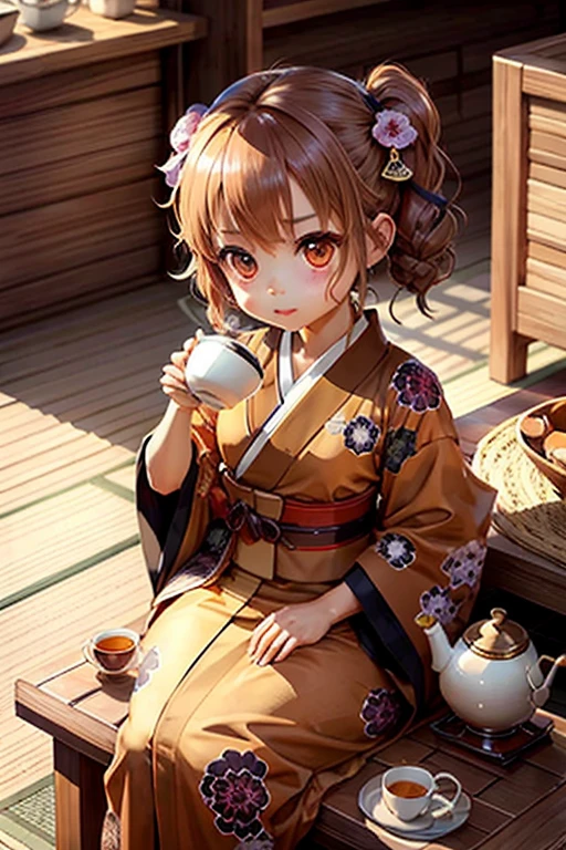 Cute chibi anime sitting in a teapot, Wear a brown kimono, drink tea, logo