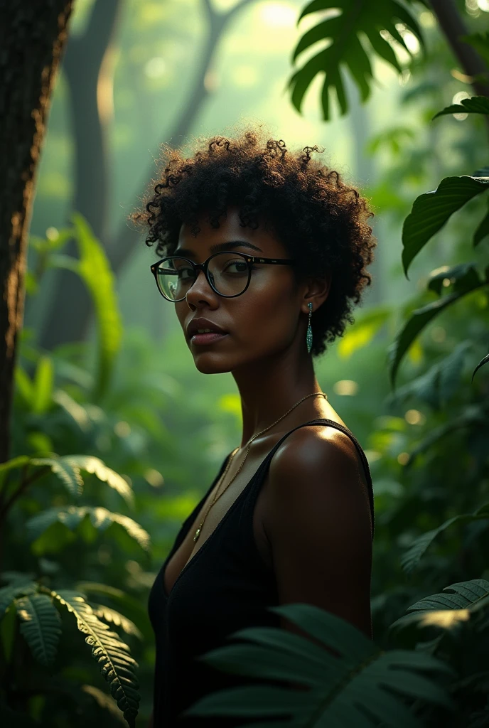 A Brazilian woman in a forest, dressed in black and green, has short curly hair and wears glasses