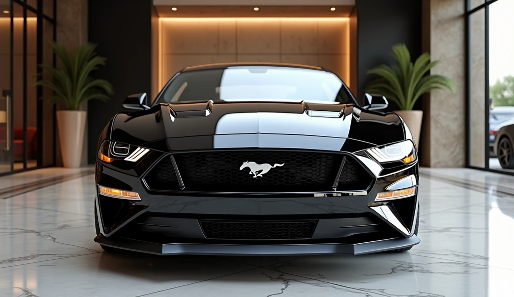 A striking front view of the New 2025 Ford Mustang in a sleek black color, parked in an upscale showroom. The car’s modern design is highlighted by its narrow, aggressive headlamps that give it a bold and futuristic look. The iconic Ford Mustang logo is prominently displayed on the grille, symbolizing power and legacy. The vehicle’s glossy black finish emphasizes its aerodynamic lines and muscular stance, while the luxurious rims add an extra touch of sophistication. The showroom features polished marble floors, expansive glass walls, and elegant decor, creating a refined and opulent backdrop that enhances the Mustang’s powerful and contemporary presence.