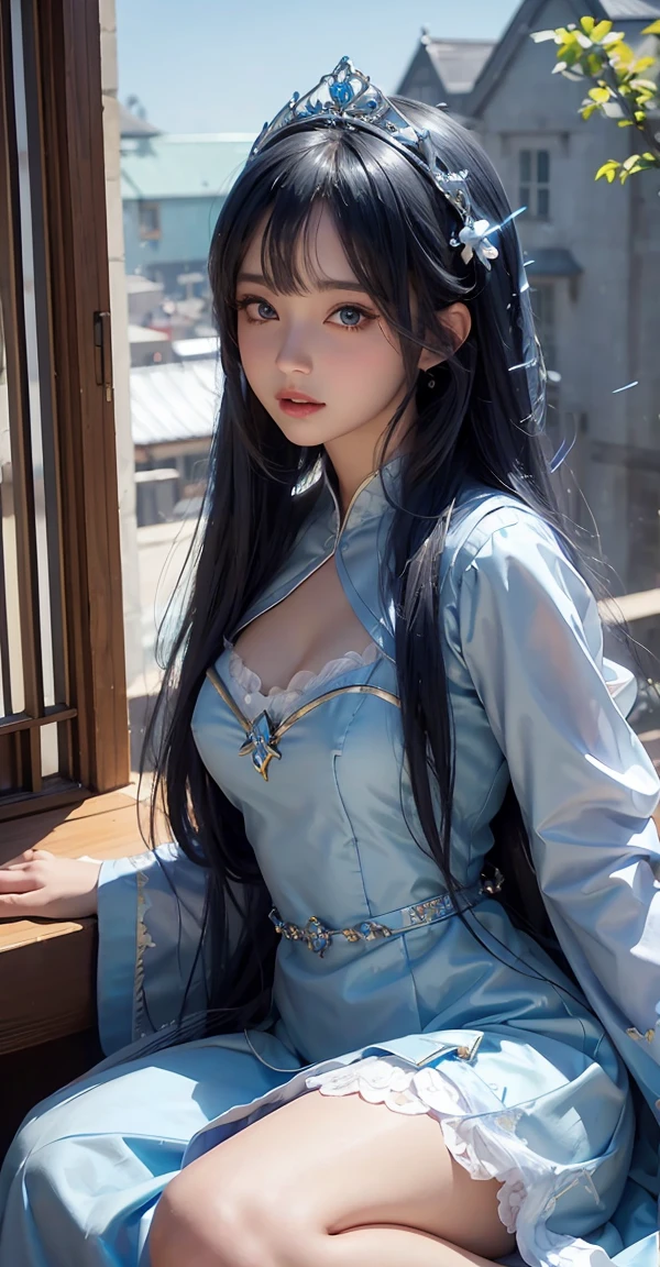 Arad woman in blue dress sitting on windowsill, cute anime waifu in a nice dress, trending on cgstation, 8K high quality detailed art, anime barbie in white stockings, highly detailed exquisite fanart, Extremely detailed Artgerm, the anime girl is crouching, flowing magical robe, beautiful and seductive anime woman, WLOP and Sakimichan