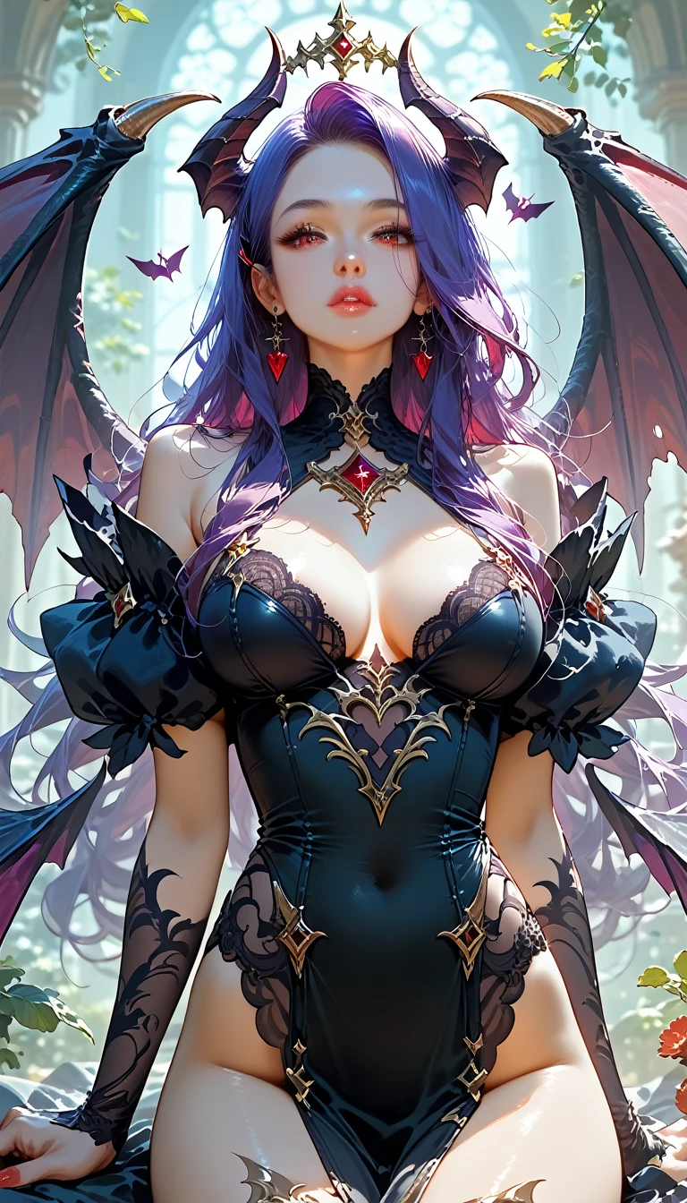 score_9, score_8_up,score_7_up,masterpiece, best quality, perfect anatomy, very aesthetic, official art, 8k,1girl, eyelashes,lips gloss,demon_girl,demon_wings,majestic wings,purple hair,large_breasts, hairclip, fantasy clothes,unique and complex clothes, night town